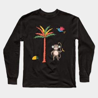 Monkey and banana with tropical bird, beetle and palm tree - kids décor and stickers Long Sleeve T-Shirt
